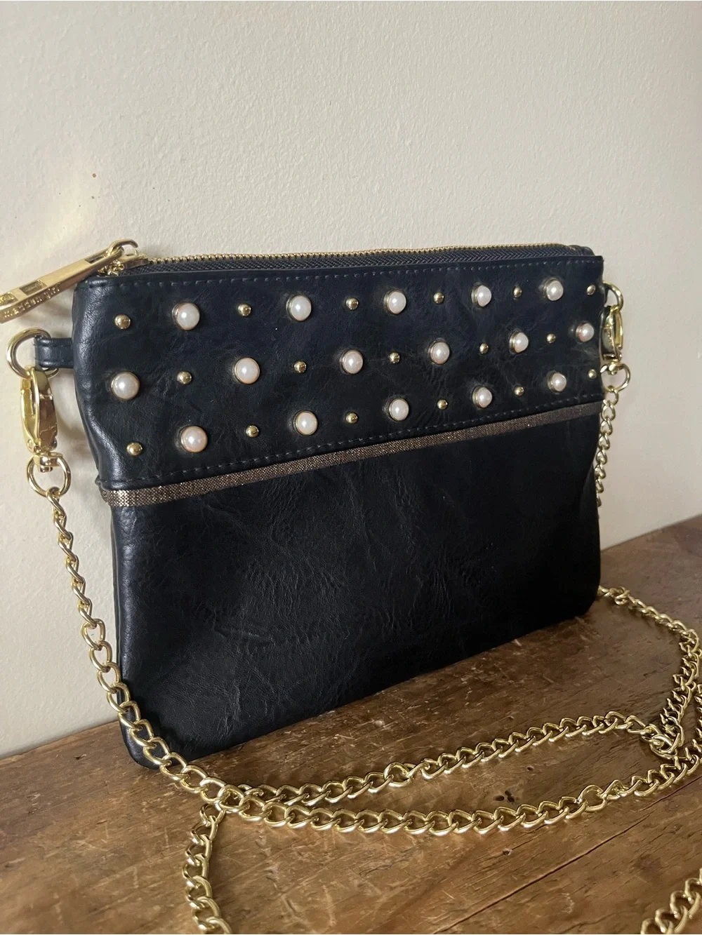Madden Girl Black Faux-Leather Crossbody with Pearl Studs and Gold Chain